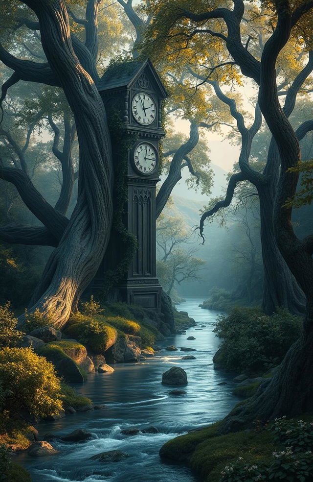 A beautiful and surreal landscape representing the passage of time, with a winding river flowing through a dense, ancient forest