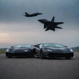 A sleek black Lamborghini and a menacing black fighter jet side by side on an open tarmac under a dusky sky.