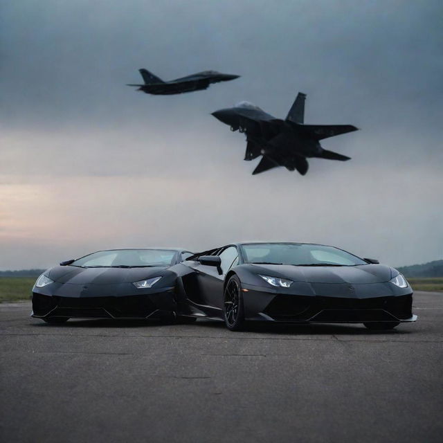 A sleek black Lamborghini and a menacing black fighter jet side by side on an open tarmac under a dusky sky.