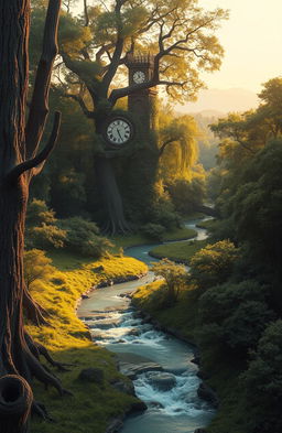 A beautiful and surreal landscape representing the passage of time, with a winding river flowing through a dense, ancient forest