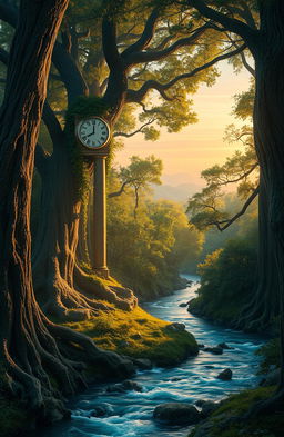 A beautiful and surreal landscape representing the passage of time, with a winding river flowing through a dense, ancient forest