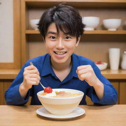 Shinnosuke, the beloved anime character, indulging in a bowl of creamy dessert, while showing the character's mischievous and playful nature.