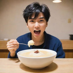 Shinnosuke, the beloved anime character, indulging in a bowl of creamy dessert, while showing the character's mischievous and playful nature.