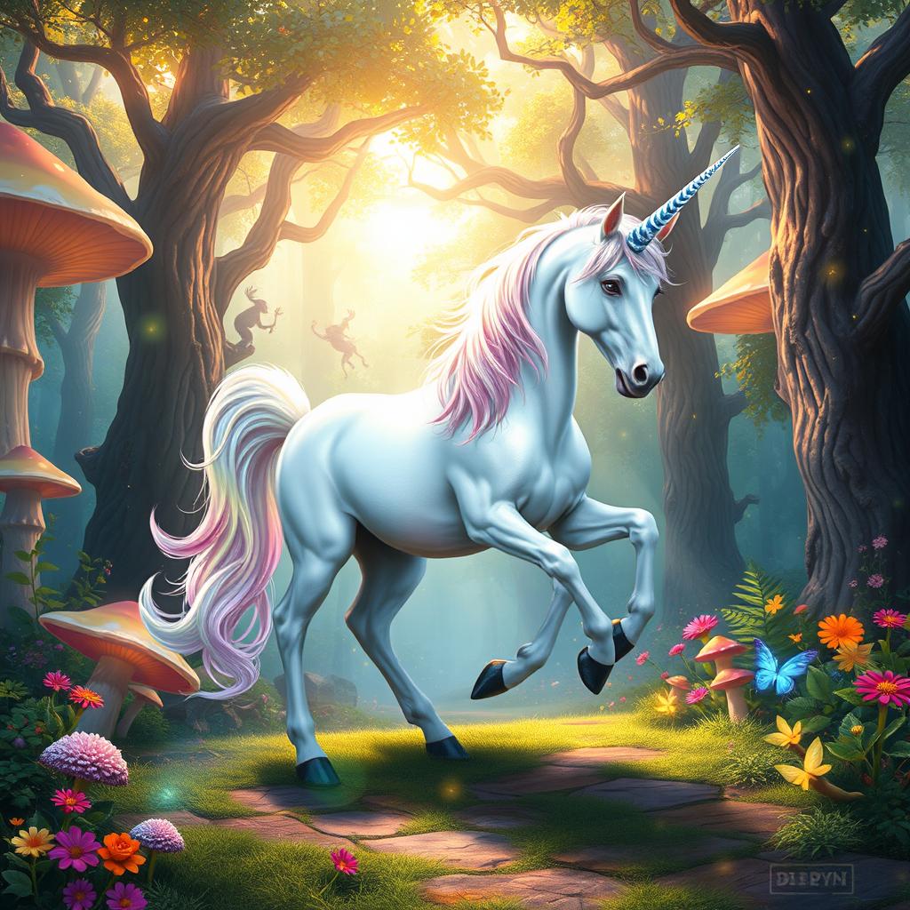 A mystical unicorn standing elegantly in a vibrant fantasy forest