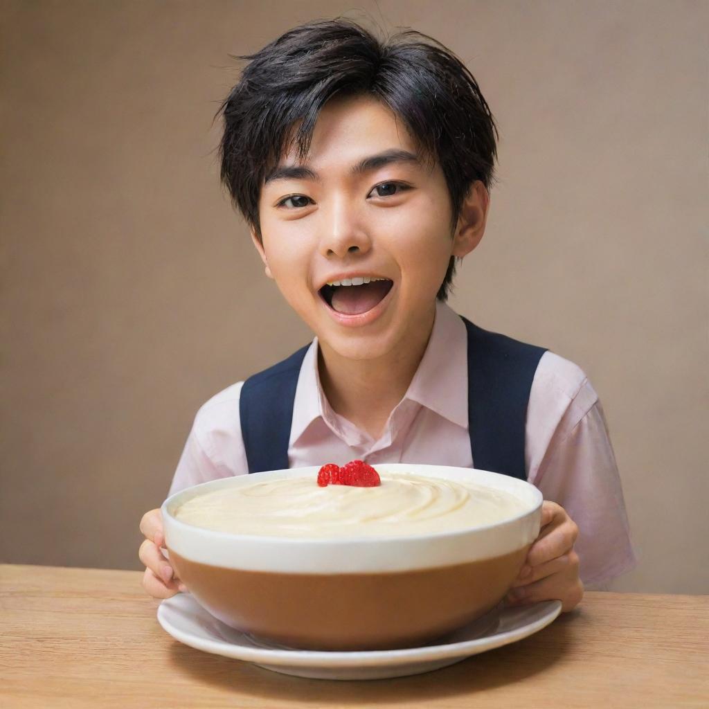 Shinnosuke, the beloved anime character, indulging in a bowl of creamy dessert, while showing the character's mischievous and playful nature.