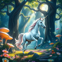 A mystical unicorn standing elegantly in a vibrant fantasy forest