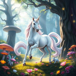 A mystical unicorn standing elegantly in a vibrant fantasy forest