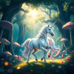 A mystical unicorn standing elegantly in a vibrant fantasy forest