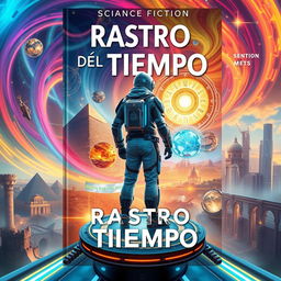 A captivating science fiction book cover titled 'Rastro del Tiempo', depicting a time traveler standing on a futuristic platform surrounded by swirling, colorful vortexes of time