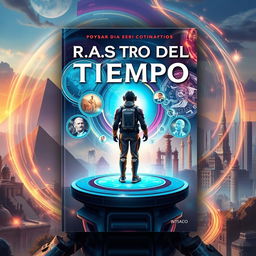 A captivating science fiction book cover titled 'Rastro del Tiempo', depicting a time traveler standing on a futuristic platform surrounded by swirling, colorful vortexes of time