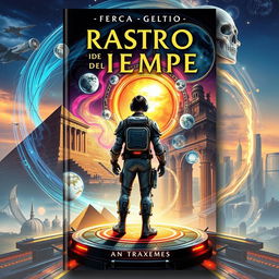 A captivating science fiction book cover titled 'Rastro del Tiempo', depicting a time traveler standing on a futuristic platform surrounded by swirling, colorful vortexes of time