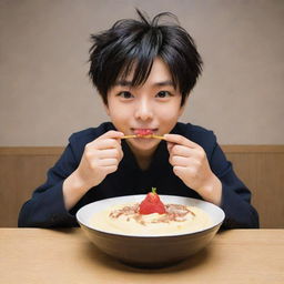 Shinnosuke, the beloved anime character, indulging in a bowl of creamy dessert, while showing the character's mischievous and playful nature.