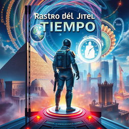 A captivating science fiction book cover titled 'Rastro del Tiempo', depicting a time traveler standing on a futuristic platform surrounded by swirling, colorful vortexes of time