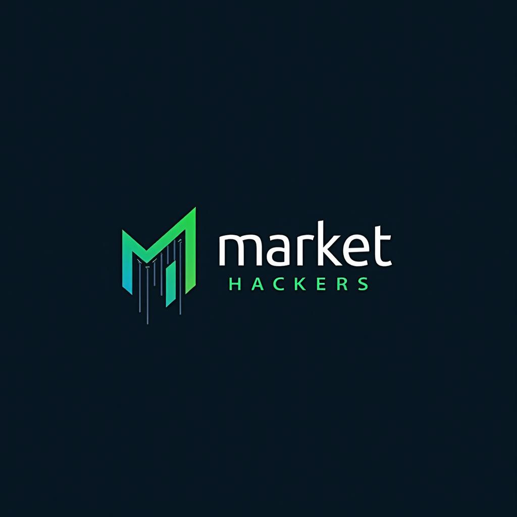 A high-tech logo design for a brand named 'Market Hackers', incorporating blue and green colors