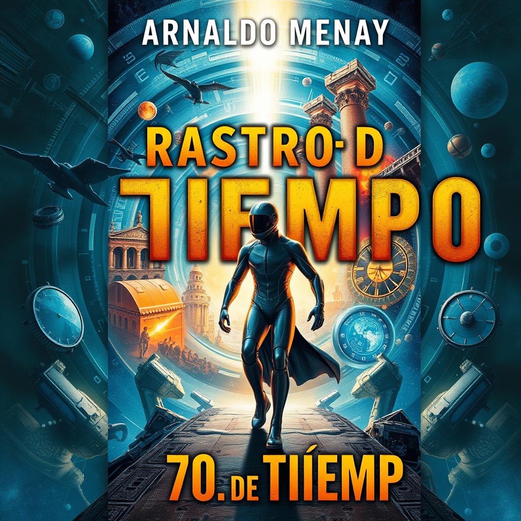 A striking science fiction book cover for 'Rastro del Tiempo' featuring a time-traveling adventure theme