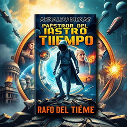 A striking science fiction book cover for 'Rastro del Tiempo' featuring a time-traveling adventure theme