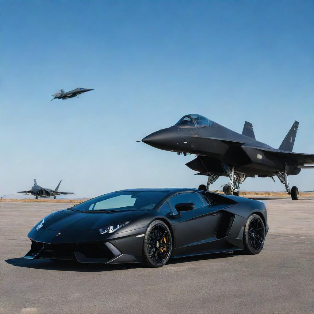 A sleek black Lamborghini and a menacing black fighter jet, both posed on an open runway with a clear sky above.