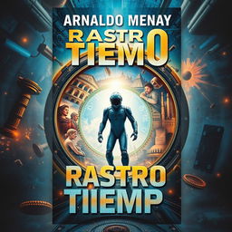 A striking science fiction book cover for 'Rastro del Tiempo' featuring a time-traveling adventure theme