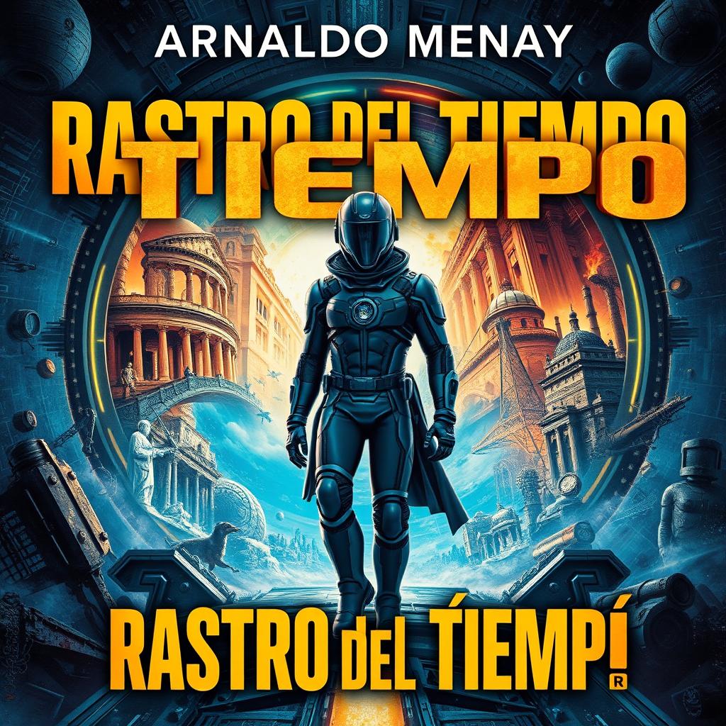 A striking science fiction book cover for 'Rastro del Tiempo' featuring a time-traveling adventure theme