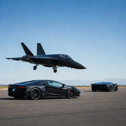 A sleek black Lamborghini and a menacing black fighter jet, both posed on an open runway with a clear sky above.