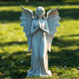 A full view of a standing angel statue depicted in a serene outdoor setting