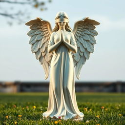 A full view of a standing angel statue depicted in a serene outdoor setting