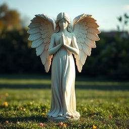 A full view of a standing angel statue depicted in a serene outdoor setting