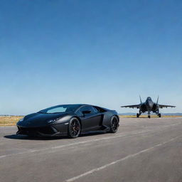 A sleek black Lamborghini and a menacing black fighter jet, both posed on an open runway with a clear sky above.