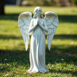 A full view of a standing angel statue depicted in a serene outdoor setting