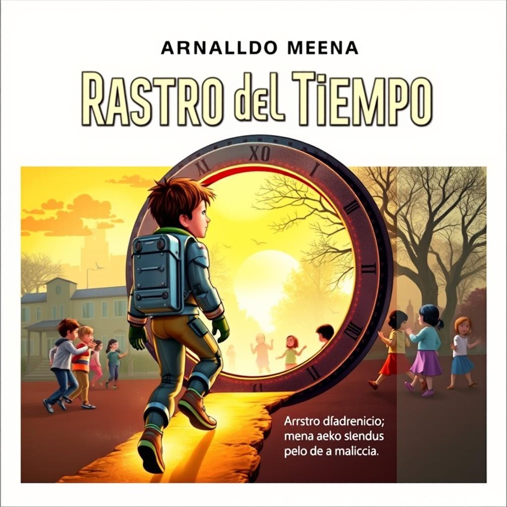 An engaging science fiction book cover for 'Rastro del Tiempo', featuring a young protagonist in a futuristic time-travel suit, stepping through a glowing portal