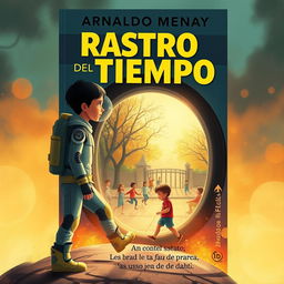 An engaging science fiction book cover for 'Rastro del Tiempo', featuring a young protagonist in a futuristic time-travel suit, stepping through a glowing portal