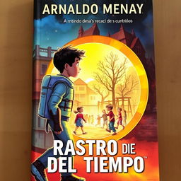 An engaging science fiction book cover for 'Rastro del Tiempo', featuring a young protagonist in a futuristic time-travel suit, stepping through a glowing portal