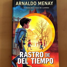 An engaging science fiction book cover for 'Rastro del Tiempo', featuring a young protagonist in a futuristic time-travel suit, stepping through a glowing portal