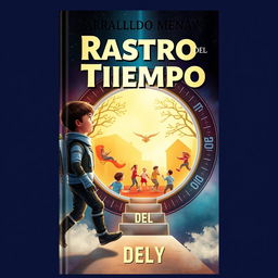 An engaging science fiction book cover for 'Rastro del Tiempo', featuring a young protagonist in a futuristic time-travel suit, stepping through a glowing portal