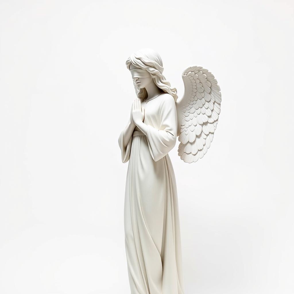 A full view of a standing angel statue depicted against a pristine white background