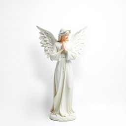 A full view of a standing angel statue depicted against a pristine white background