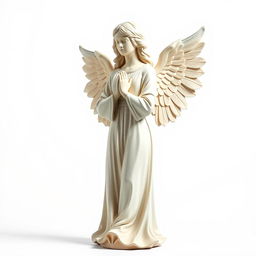 A full view of a standing angel statue depicted against a pristine white background