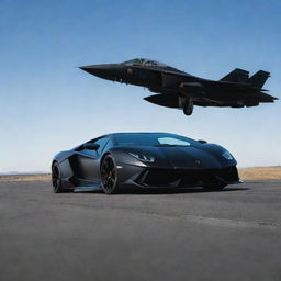 A sleek black Lamborghini and a menacing black fighter jet, both posed on an open runway with a clear sky above.