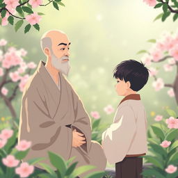 A Zen Buddhist monk conversing with a young boy in a serene, tranquil garden