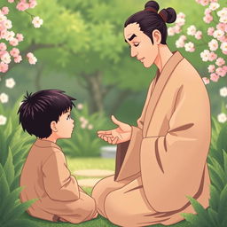 A Zen Buddhist monk conversing with a young boy in a serene, tranquil garden