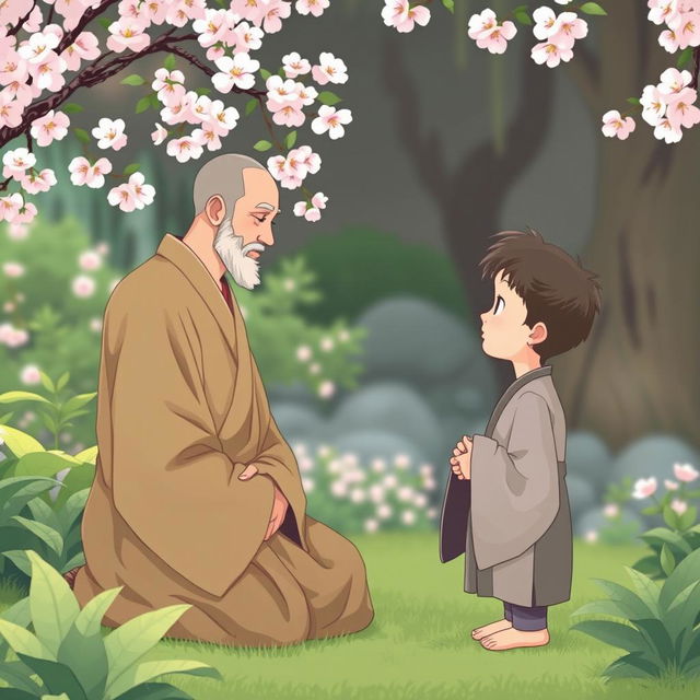 A Zen Buddhist monk conversing with a young boy in a serene, tranquil garden