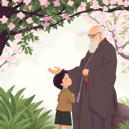 A Zen Buddhist monk conversing with a young boy in a serene, tranquil garden