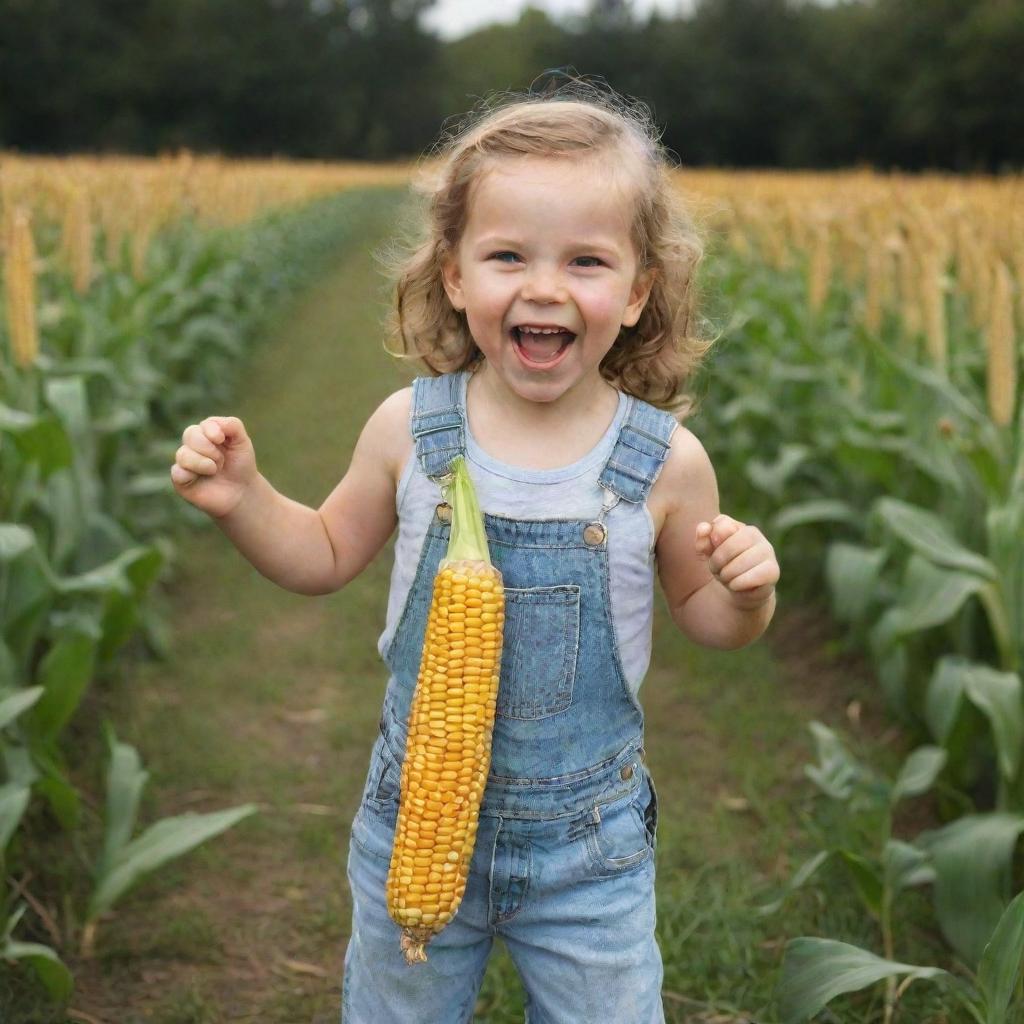 A full-length portrait of a joyous child, gleefully holding out a fresh corn cob, as if trying to offer it to someone.