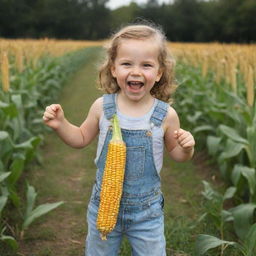 A full-length portrait of a joyous child, gleefully holding out a fresh corn cob, as if trying to offer it to someone.