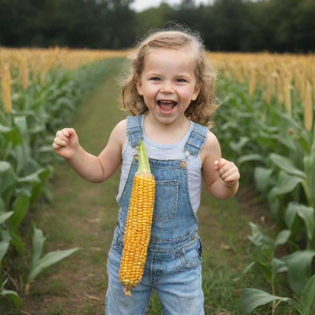 A full-length portrait of a joyous child, gleefully holding out a fresh corn cob, as if trying to offer it to someone.