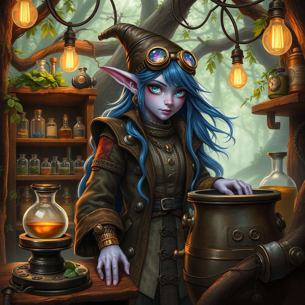 A firbolg witch in a Dungeons & Dragons setting, featuring striking lavender skin and flowing blue hair, styled with a sophisticated, steampunk twist