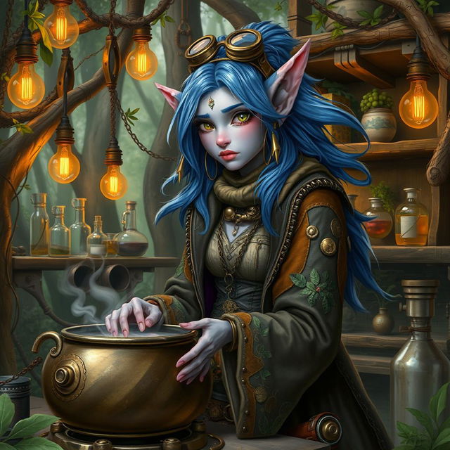 A firbolg witch in a Dungeons & Dragons setting, featuring striking lavender skin and flowing blue hair, styled with a sophisticated, steampunk twist