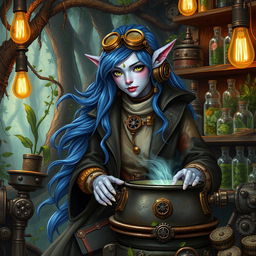 A firbolg witch in a Dungeons & Dragons setting, featuring striking lavender skin and flowing blue hair, styled with a sophisticated, steampunk twist