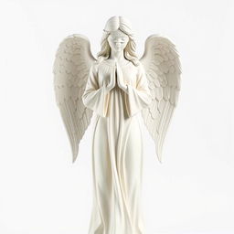 A full view of a standing angel statue depicted against a clean, white background