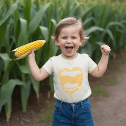 A full-length portrait of a joyous child, gleefully holding out a fresh corn cob, as if trying to offer it to someone.